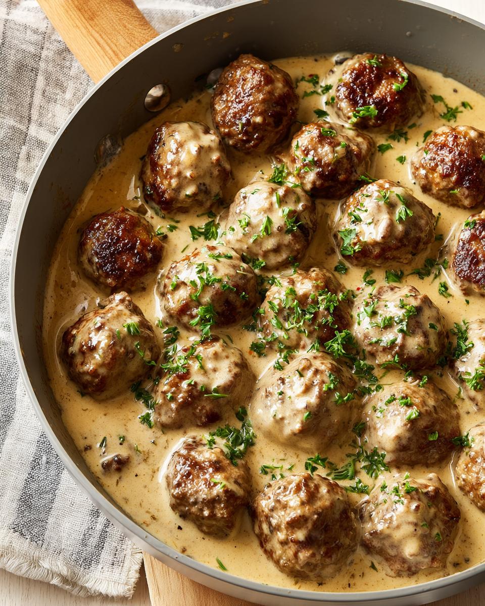 A close-up view of Classic Swedish Meatballs simmered in a rich, creamy sauce and garnished with fresh parsley.