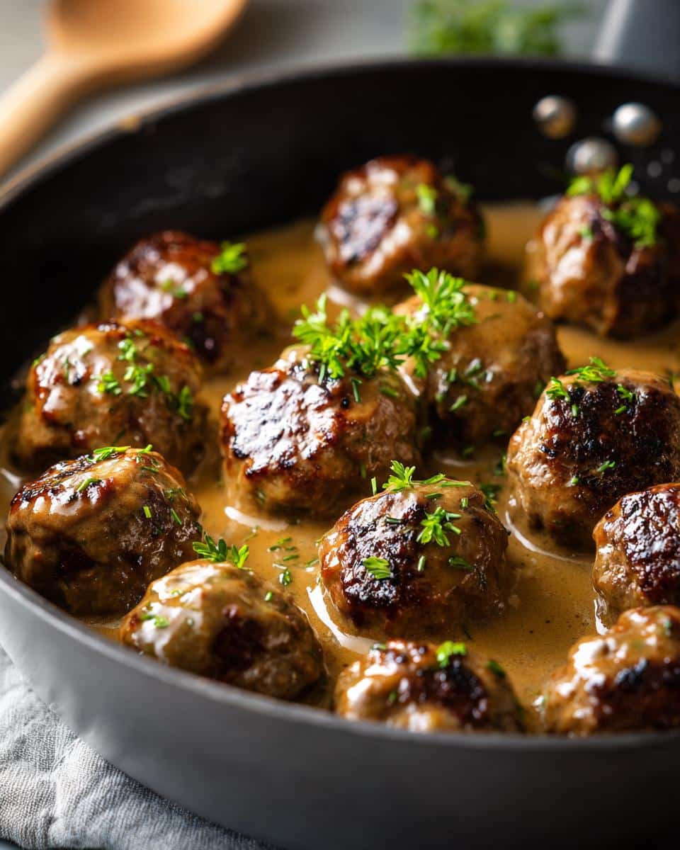 Close-up of Classic Swedish Meatballs simmering in a creamy sauce, garnished with fresh parsley.