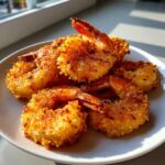 A plate of golden-brown, crispy Coconut-Crusted Air Fryer Shrimp, ready to be enjoyed.
