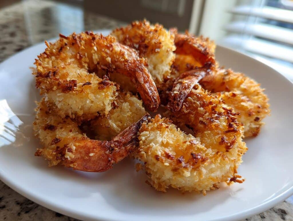 A plate of golden-brown Coconut-Crusted Air Fryer Shrimp, perfectly crisp and ready to eat.