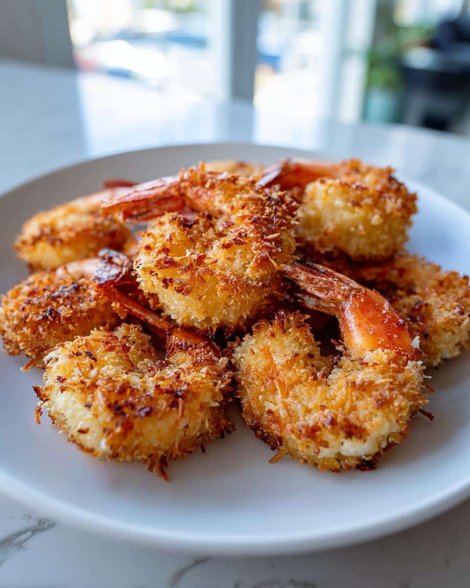A close-up of golden-brown Coconut-Crusted Air Fryer Shrimp piled on a white plate.