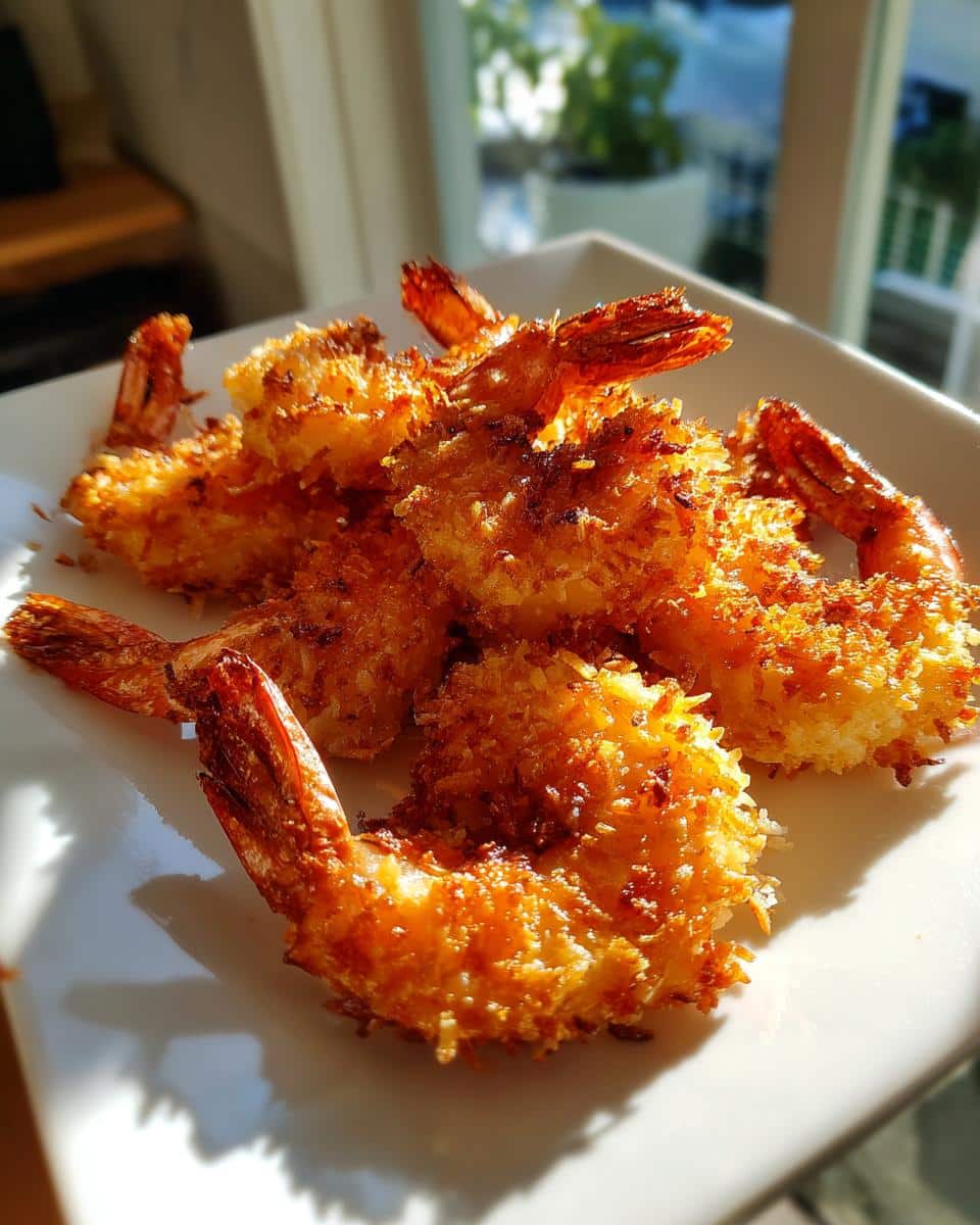 A plate of golden brown, crispy Coconut-Crusted Air Fryer Shrimp, ready to be enjoyed.