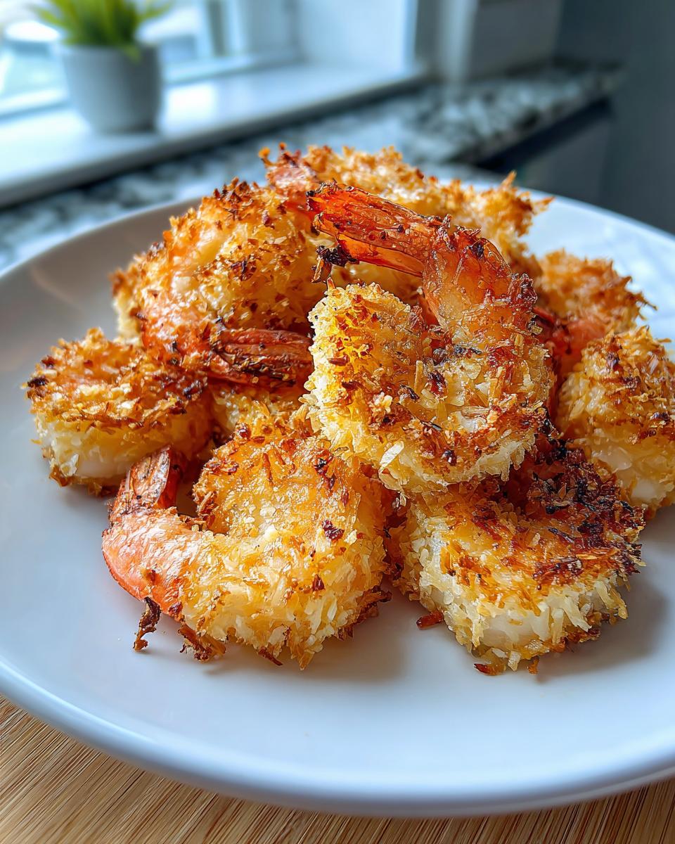 A close-up shot of golden-brown coconut-crusted air fryer shrimp piled on a white plate.