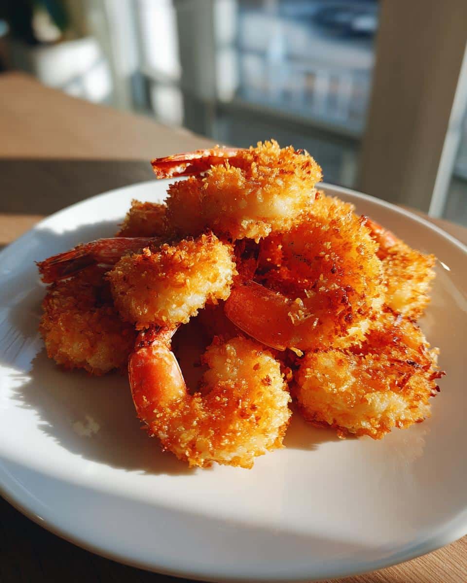 A plate of golden-brown Coconut-Crusted Air Fryer Shrimp, perfectly cooked and ready to serve.