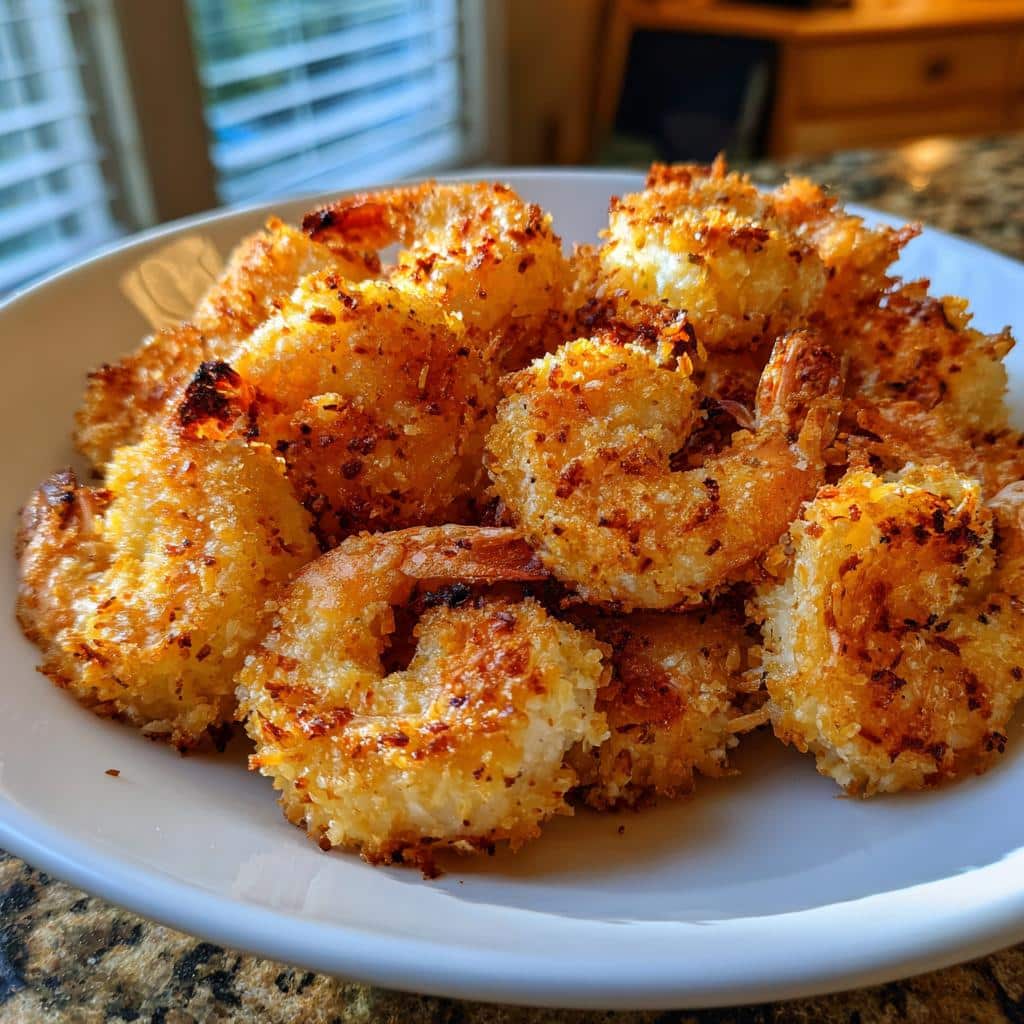 A close-up of a white bowl filled with crispy, golden-brown coconut shrimp. This is a side dish for Lazy Day Creamy Chicken & Rice Casserole.