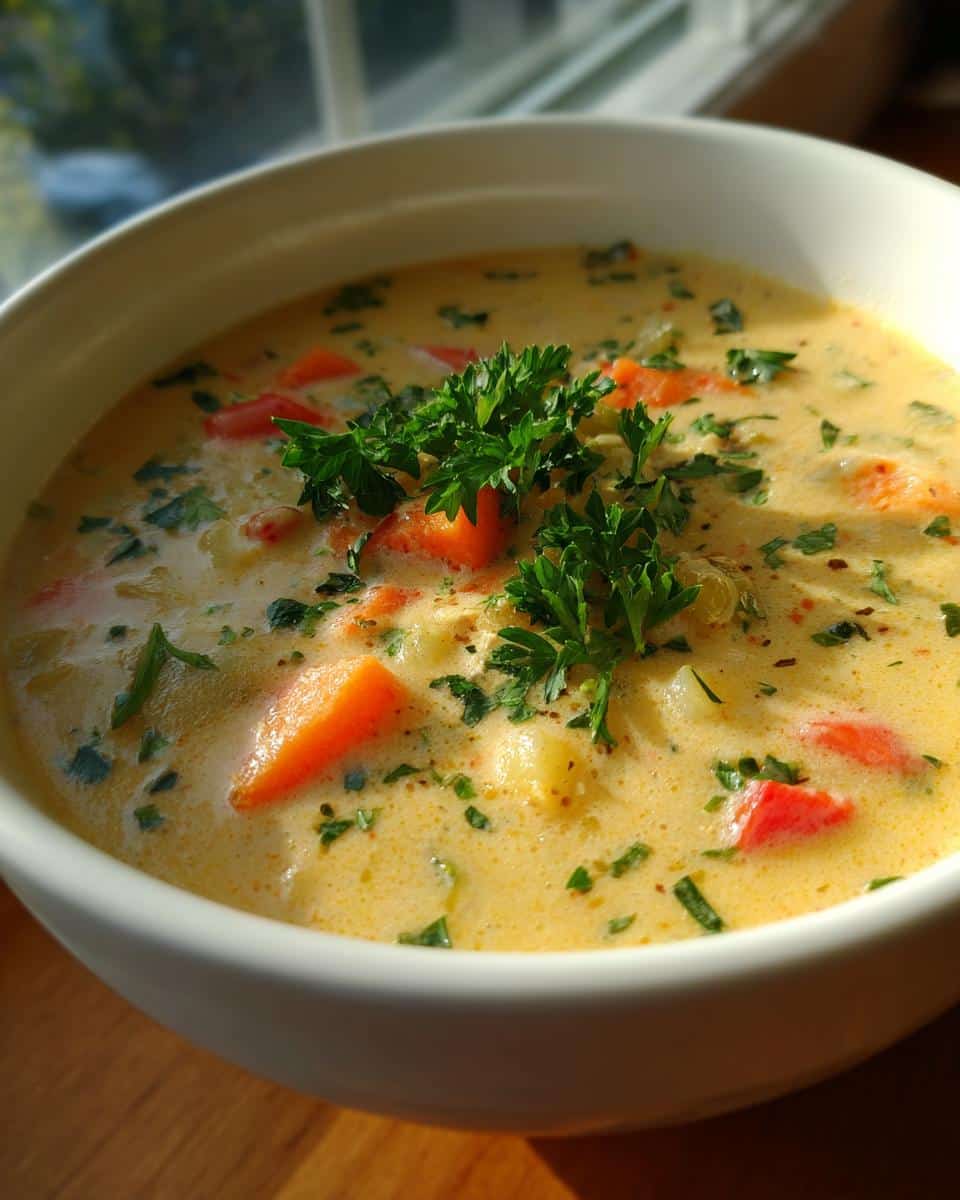 A bowl of Cozy One-Pot Creamy Vegetable Soup, garnished with fresh parsley and visible chunks of carrots and peppers.