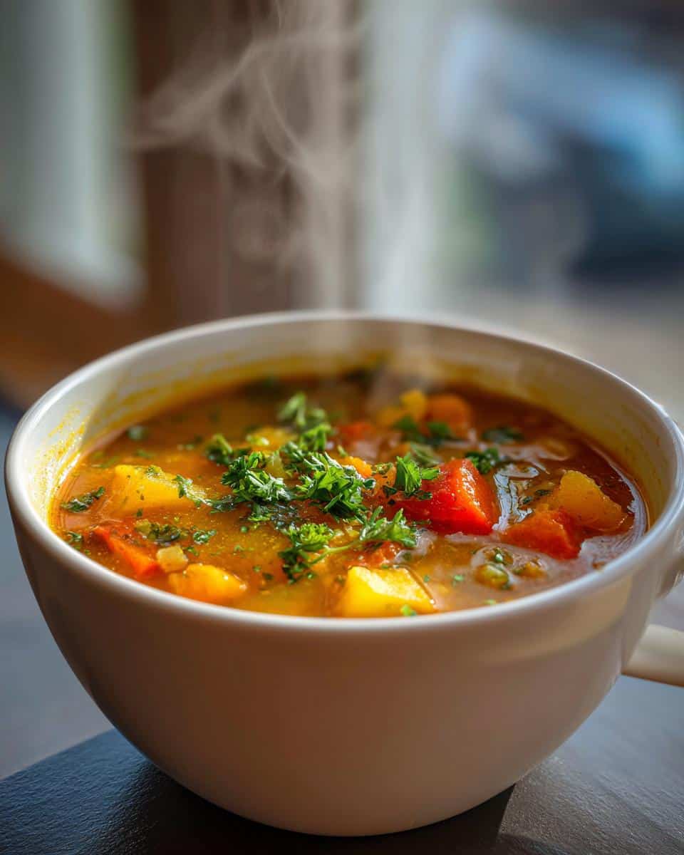 A steaming bowl of Cozy One-Pot Creamy Vegetable Soup, garnished with fresh parsley.