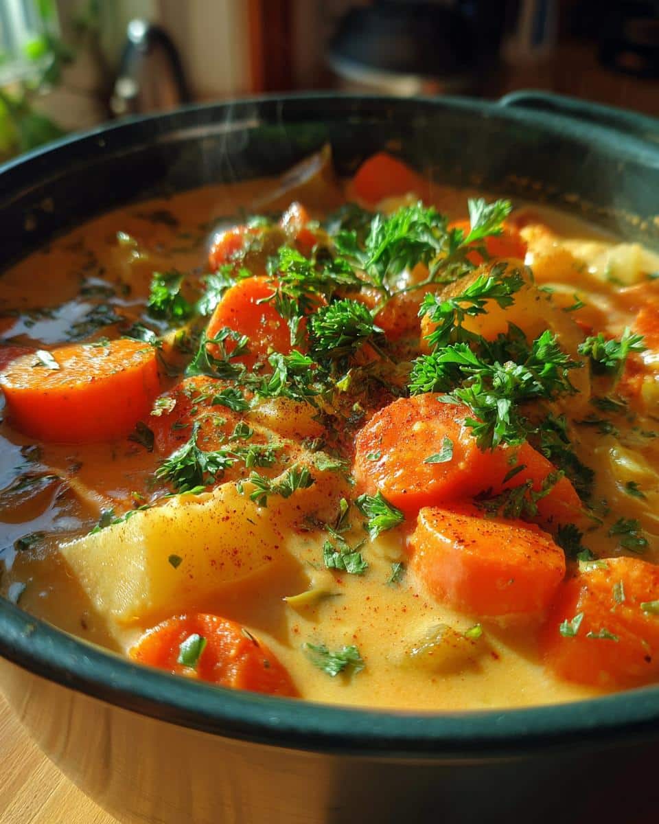 Close-up of a steaming bowl of Cozy One-Pot Creamy Vegetable Soup, featuring chunks of carrots, potatoes, and fresh parsley.