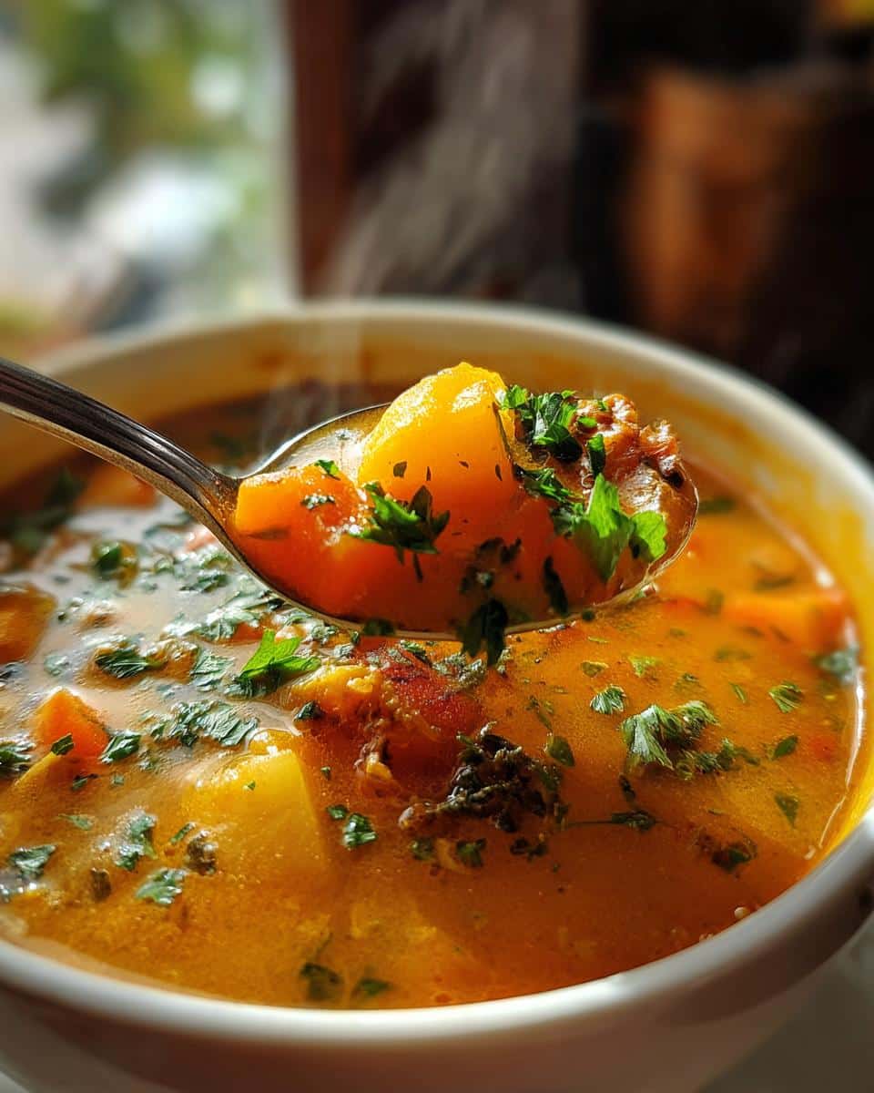 A spoonful of Cozy One-Pot Creamy Vegetable Soup, showing chunks of potatoes and carrots with fresh parsley.