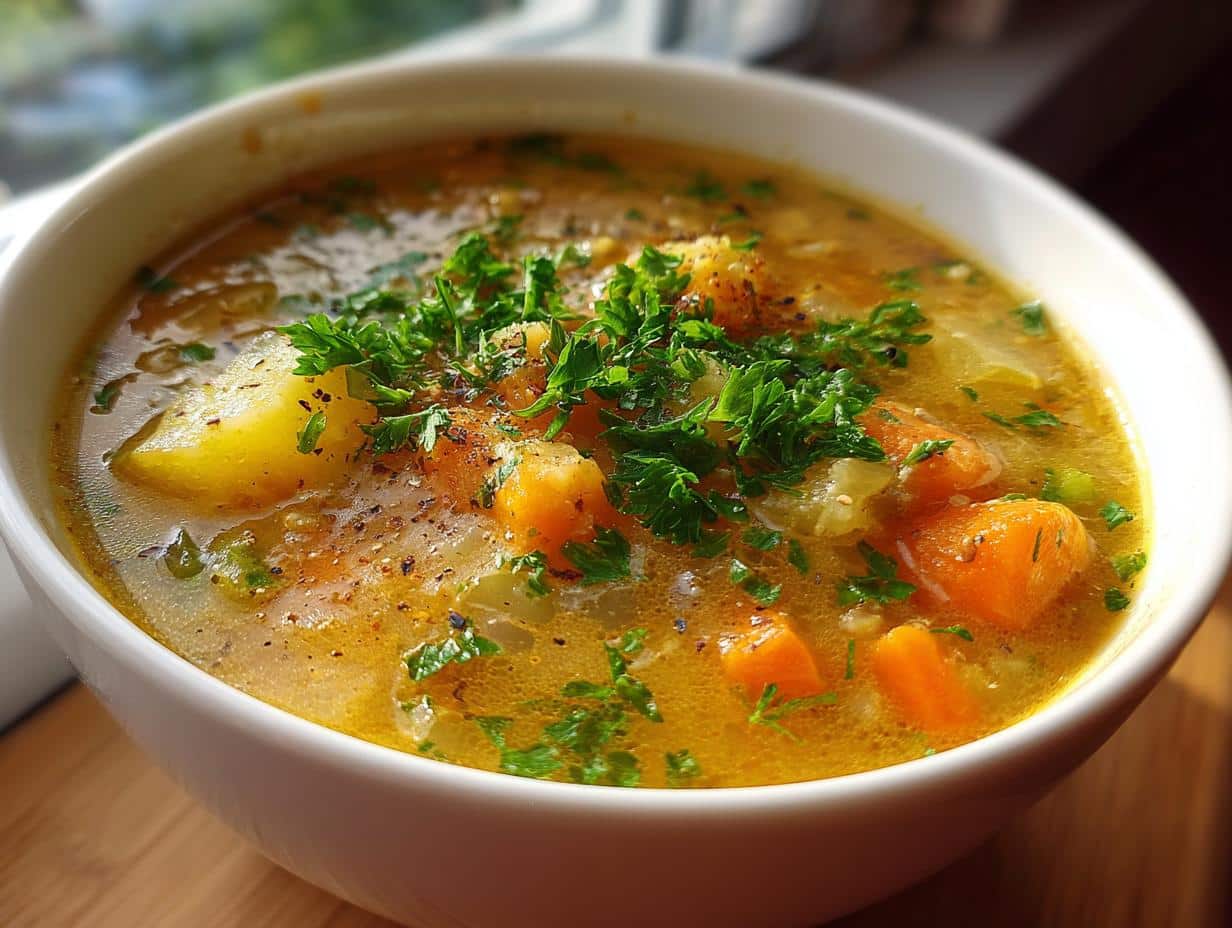 A close-up of a steaming bowl of Cozy One-Pot Creamy Vegetable Soup, filled with chunks of potatoes, carrots, and herbs.