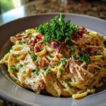 A close-up of Creamy Chicken Bacon Ranch Pasta, topped with crispy bacon bits and fresh parsley.