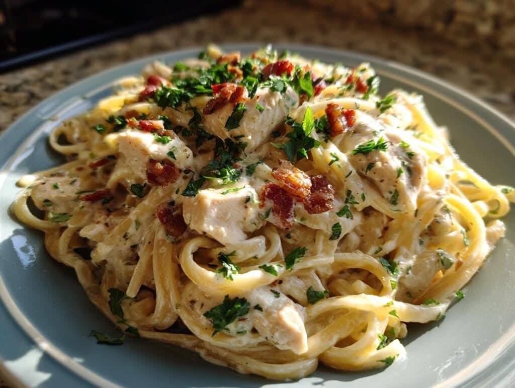 A close-up of Creamy Chicken Bacon Ranch Pasta, featuring tender chicken, crispy bacon, and herbs on linguine.