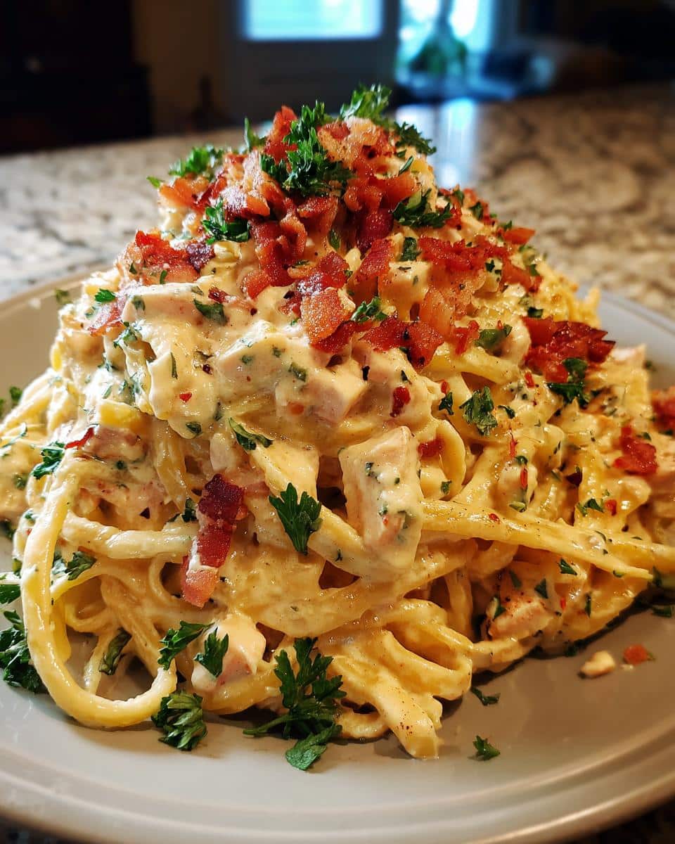 A close-up of a generous portion of Creamy Chicken Bacon Ranch Pasta, topped with crispy bacon bits and fresh parsley.