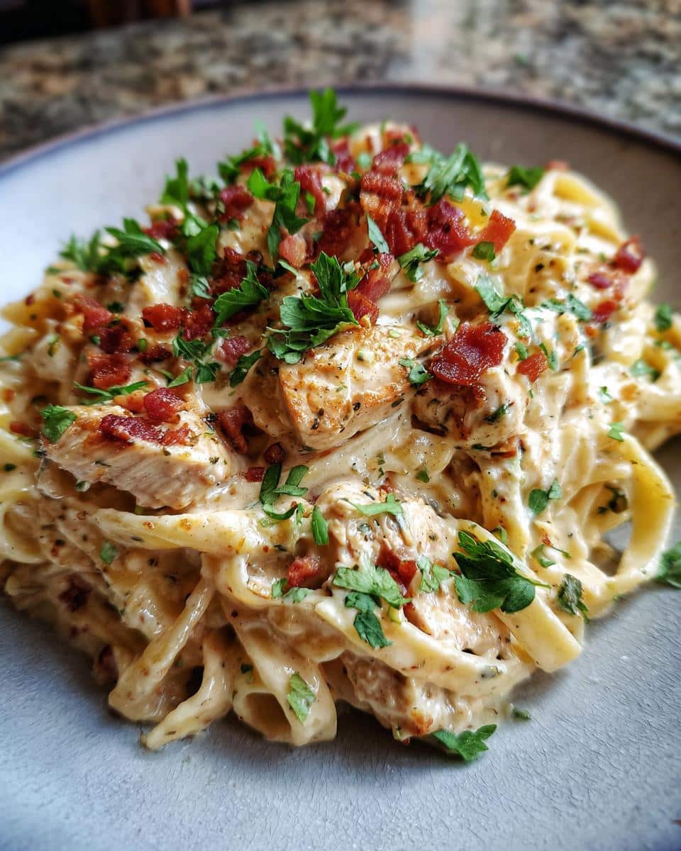 A close-up of Creamy Chicken Bacon Ranch Pasta, topped with crispy bacon bits and fresh parsley.