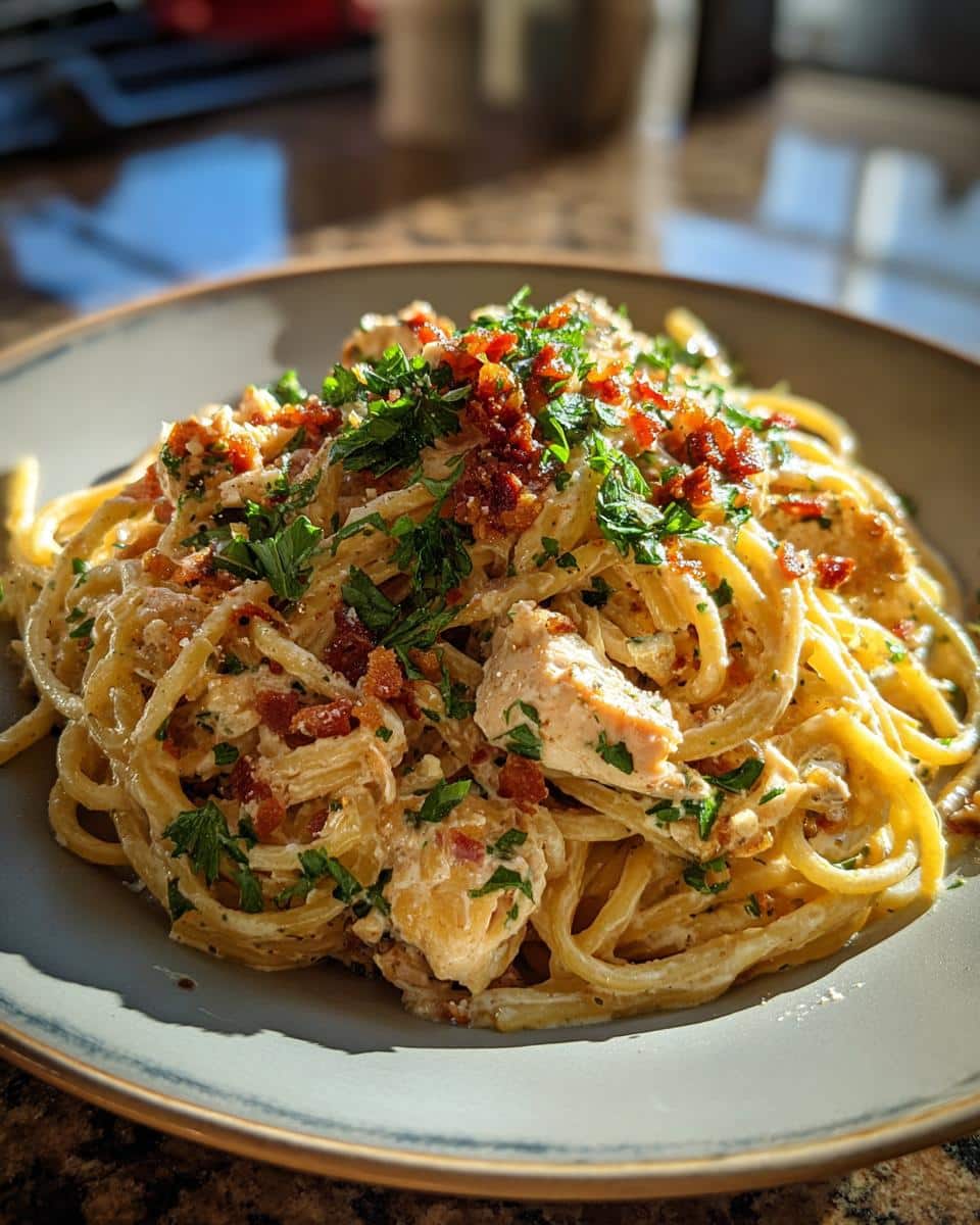 A close-up of a bowl of Creamy Chicken Bacon Ranch Pasta, topped with crumbled bacon and fresh parsley.