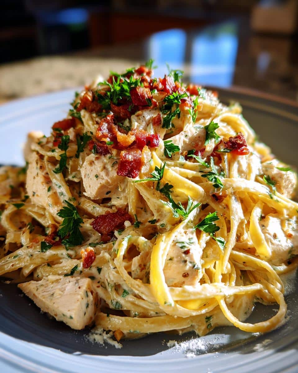 A close-up of Creamy Chicken Bacon Ranch Pasta, featuring fettuccine, chicken pieces, bacon bits, and parsley.