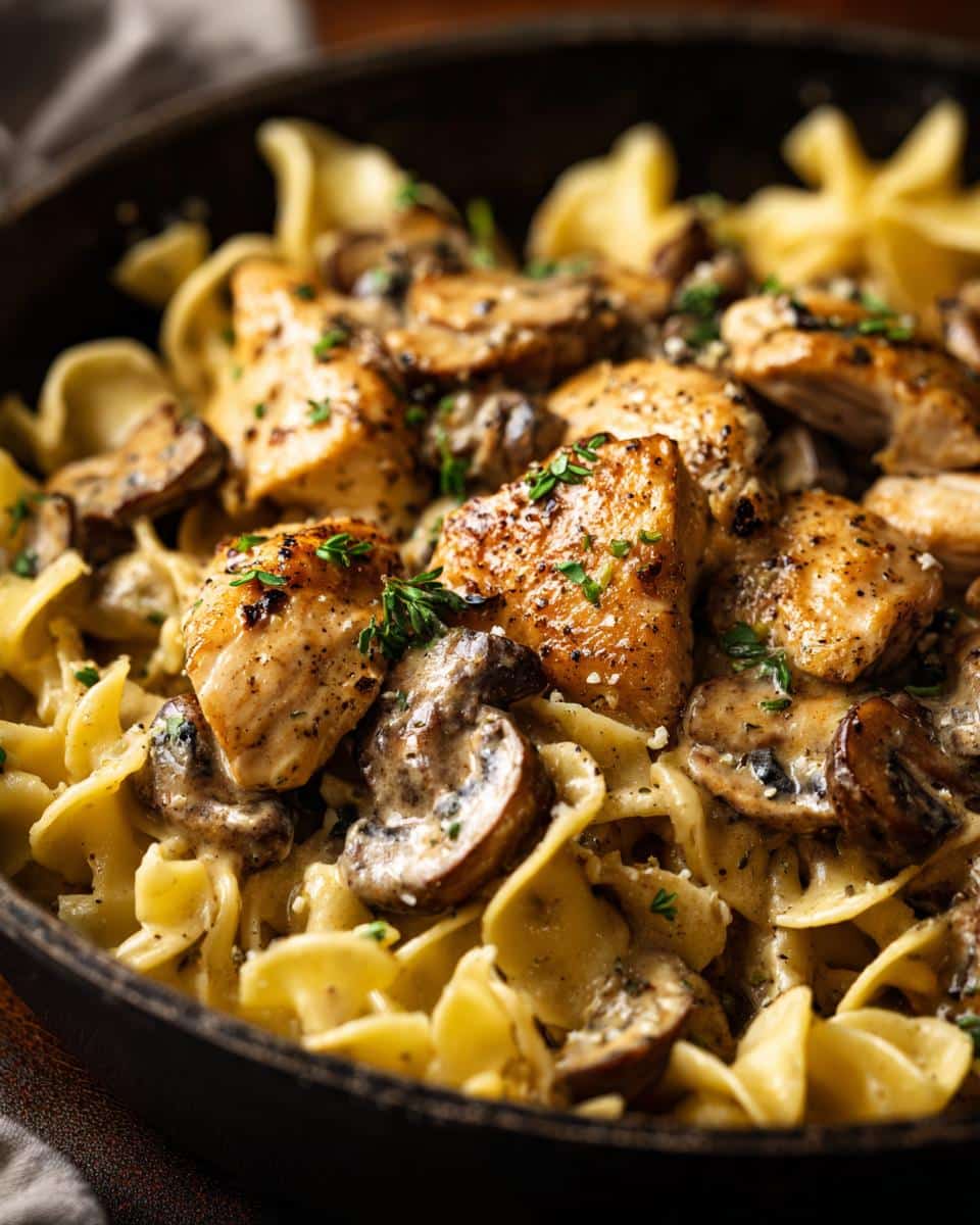 Close-up of Creamy Chicken Stroganoff with Mushrooms and Egg Noodles in a cast iron skillet, garnished with parsley.