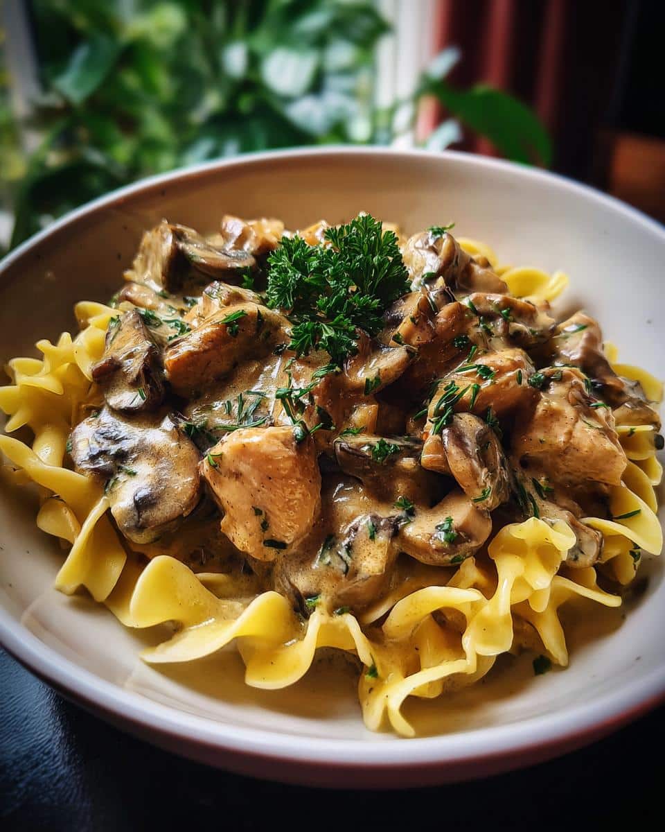 A bowl of Creamy Chicken Stroganoff with Mushrooms and Egg Noodles, garnished with fresh parsley.