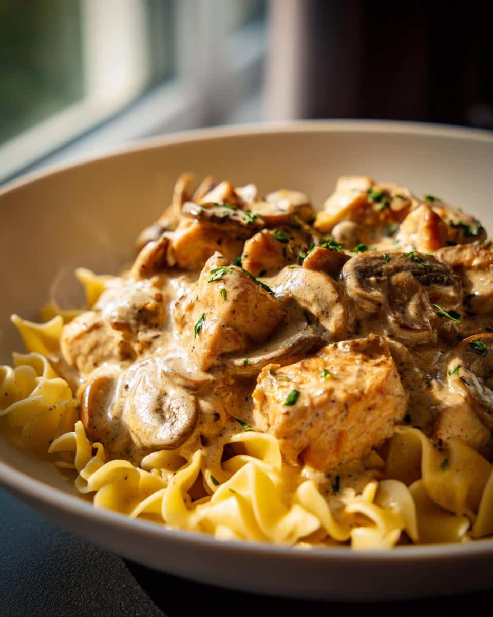 A close-up of Creamy Chicken Stroganoff with Mushrooms and Egg Noodles, garnished with parsley.