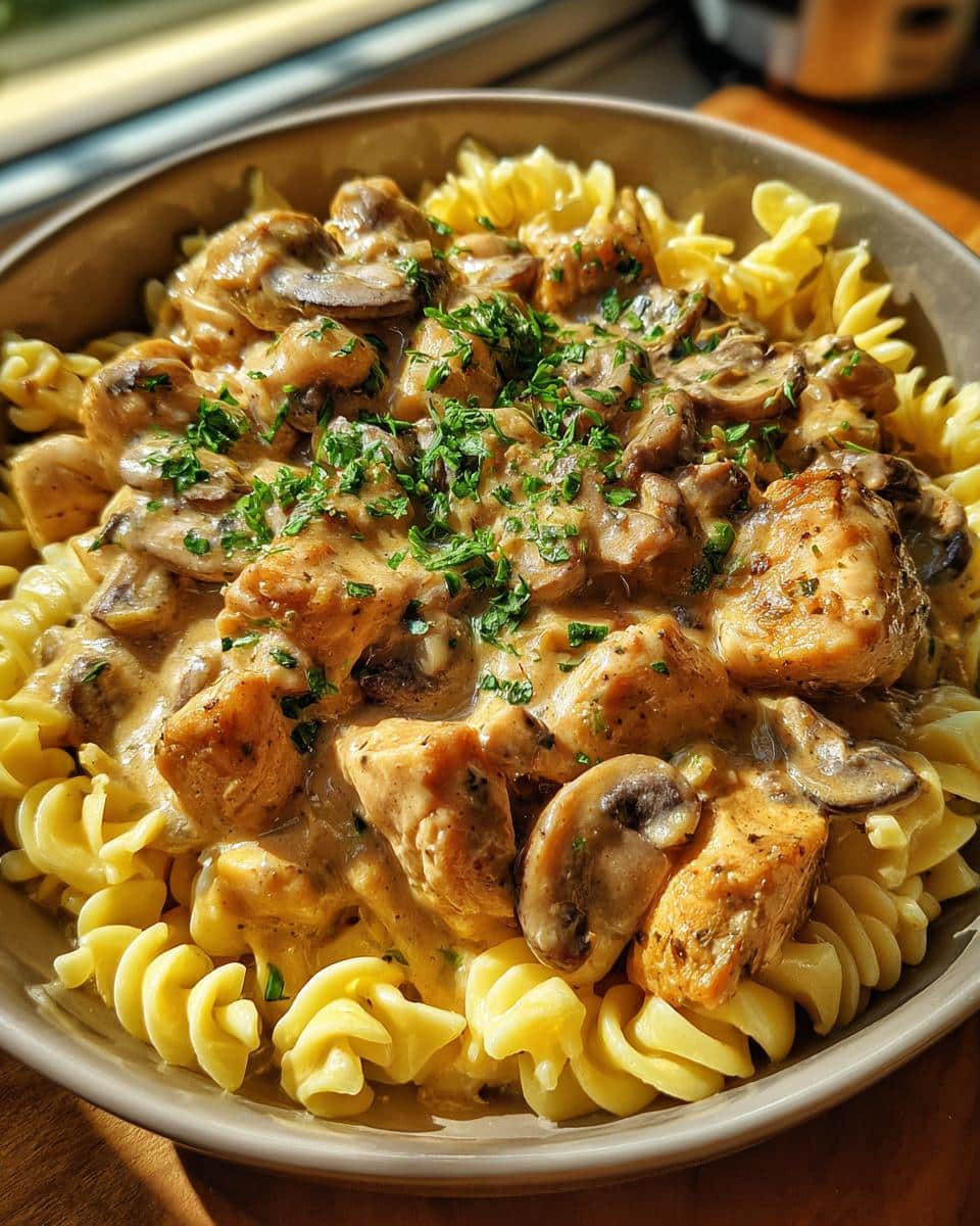 A close-up of creamy chicken stroganoff with mushrooms served over fusilli pasta, garnished with fresh parsley.