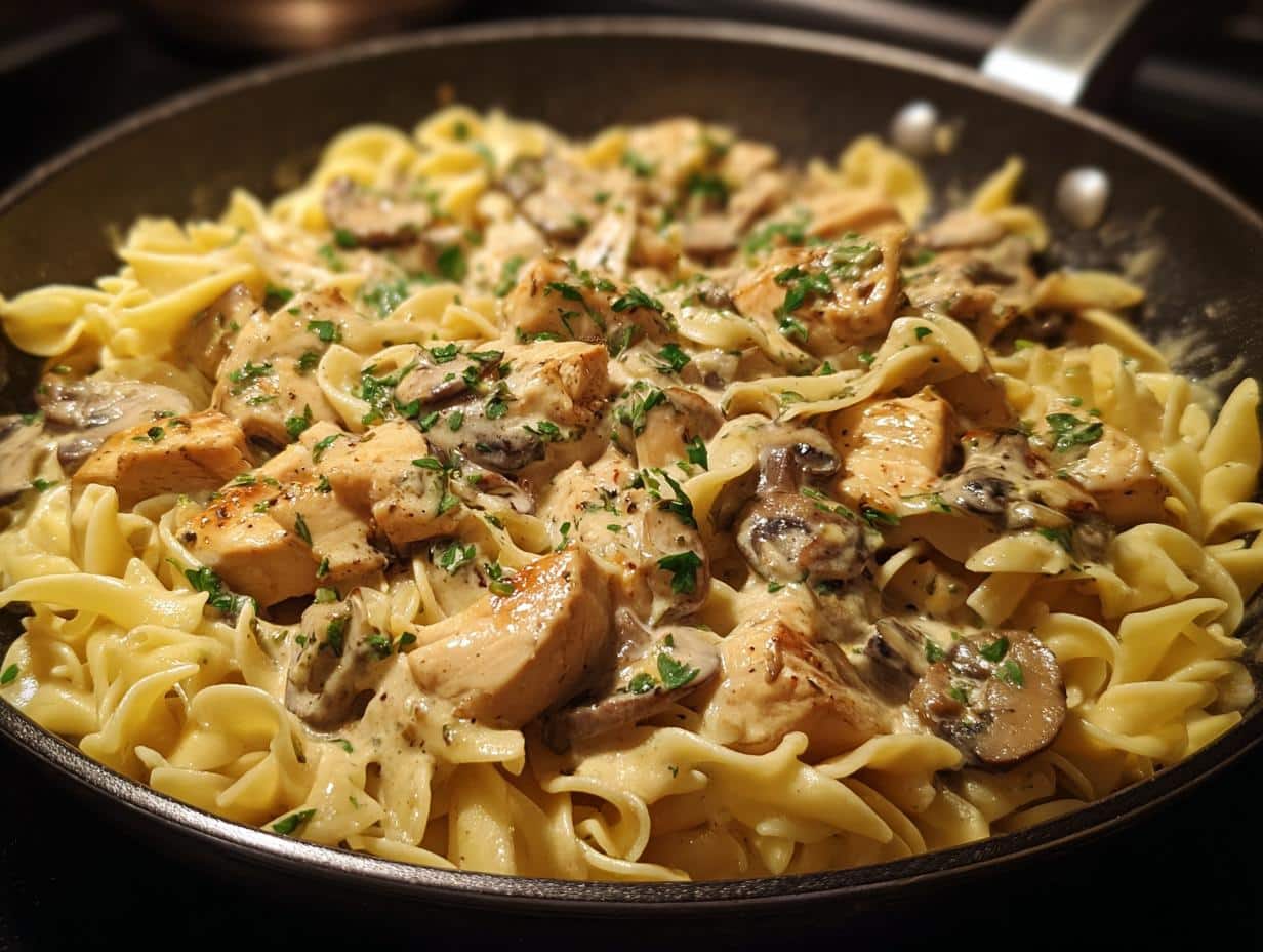 A close-up of Creamy Chicken Stroganoff with Mushrooms and Egg Noodles in a skillet, garnished with parsley.