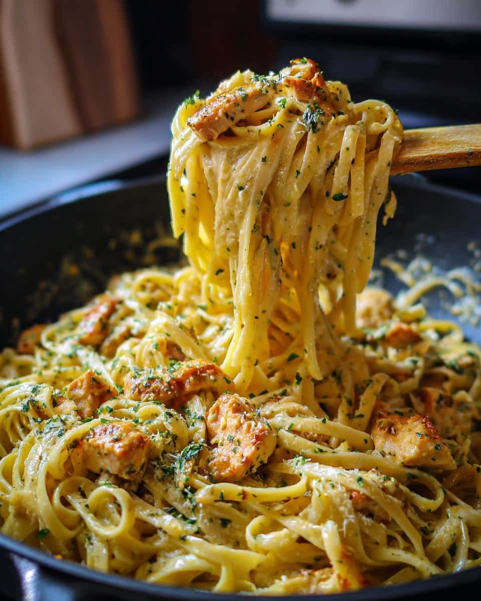 A close-up of Creamy Garlic Parmesan Chicken Pasta being lifted with a wooden spoon, showing tender chicken pieces and fettuccine noodles coated in sauce.