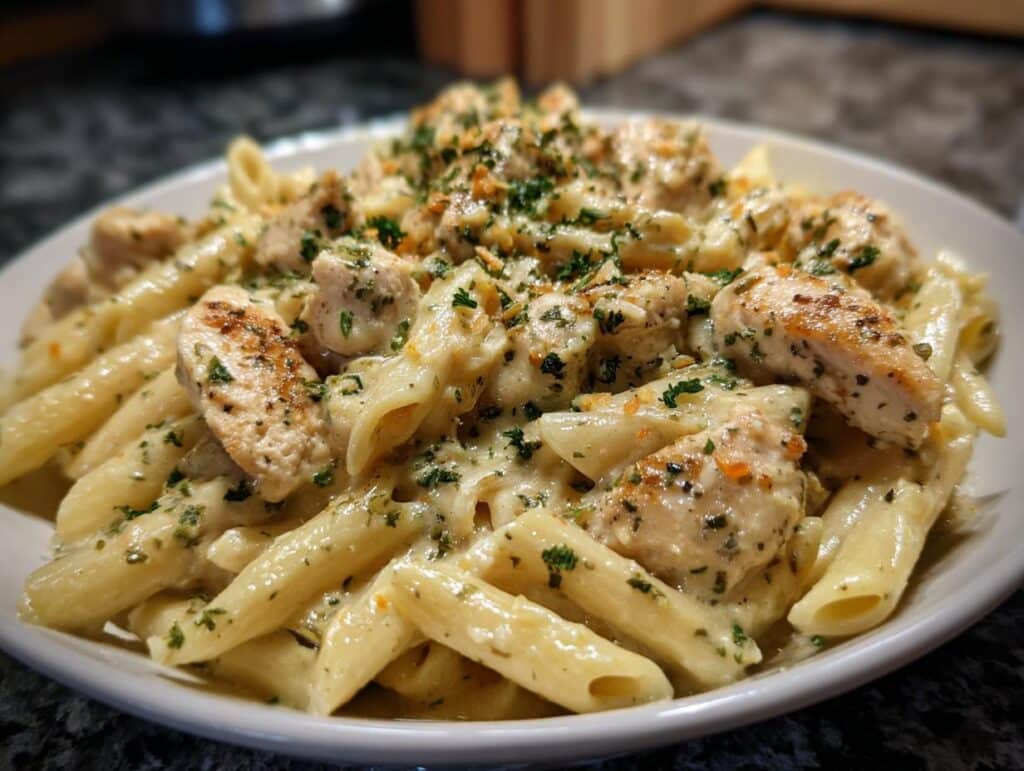 A close-up of a white plate filled with Creamy Garlic Parmesan Chicken Pasta, garnished with parsley.