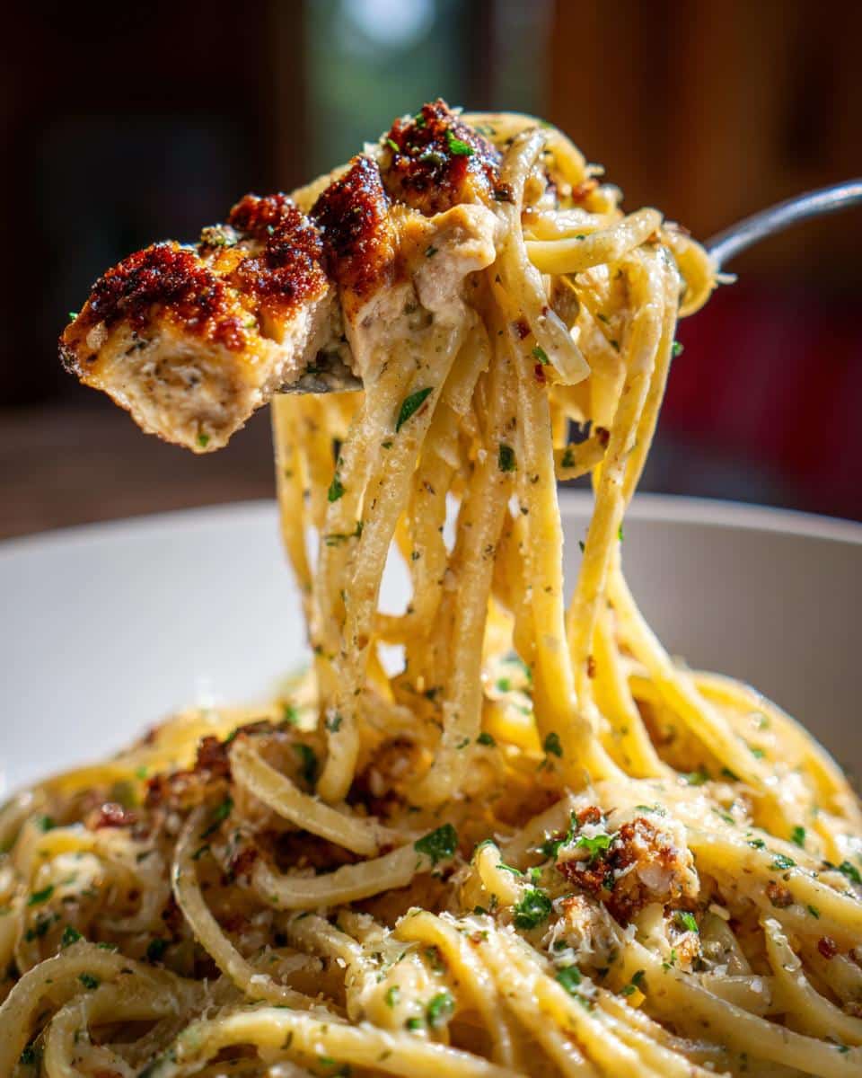 A fork lifting a bite of Creamy Garlic Parmesan Chicken Pasta, showing tender chicken and twirled spaghetti coated in sauce and herbs.