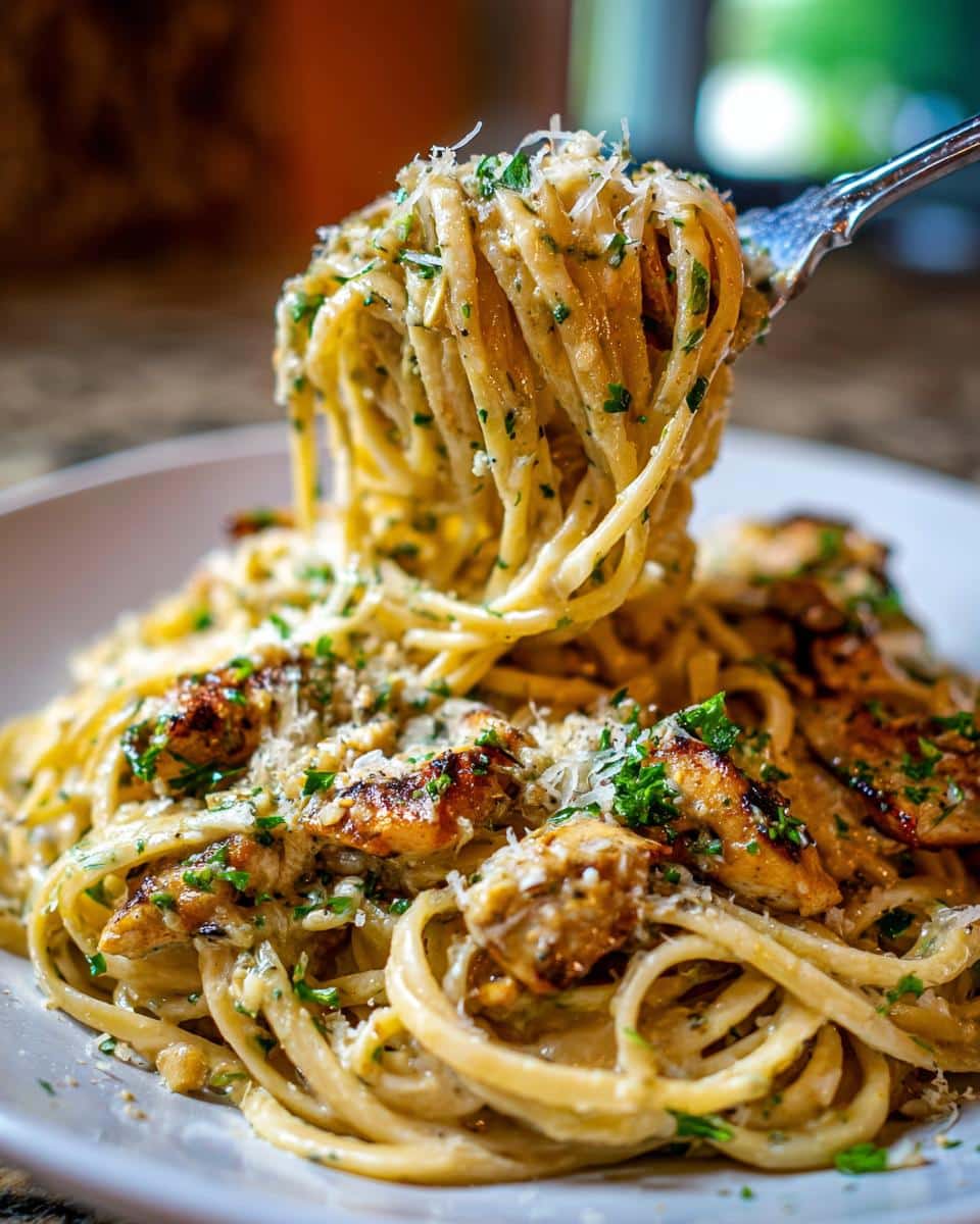 A fork twirls a generous portion of Creamy Garlic Parmesan Chicken Pasta, topped with grilled chicken pieces and fresh parsley.
