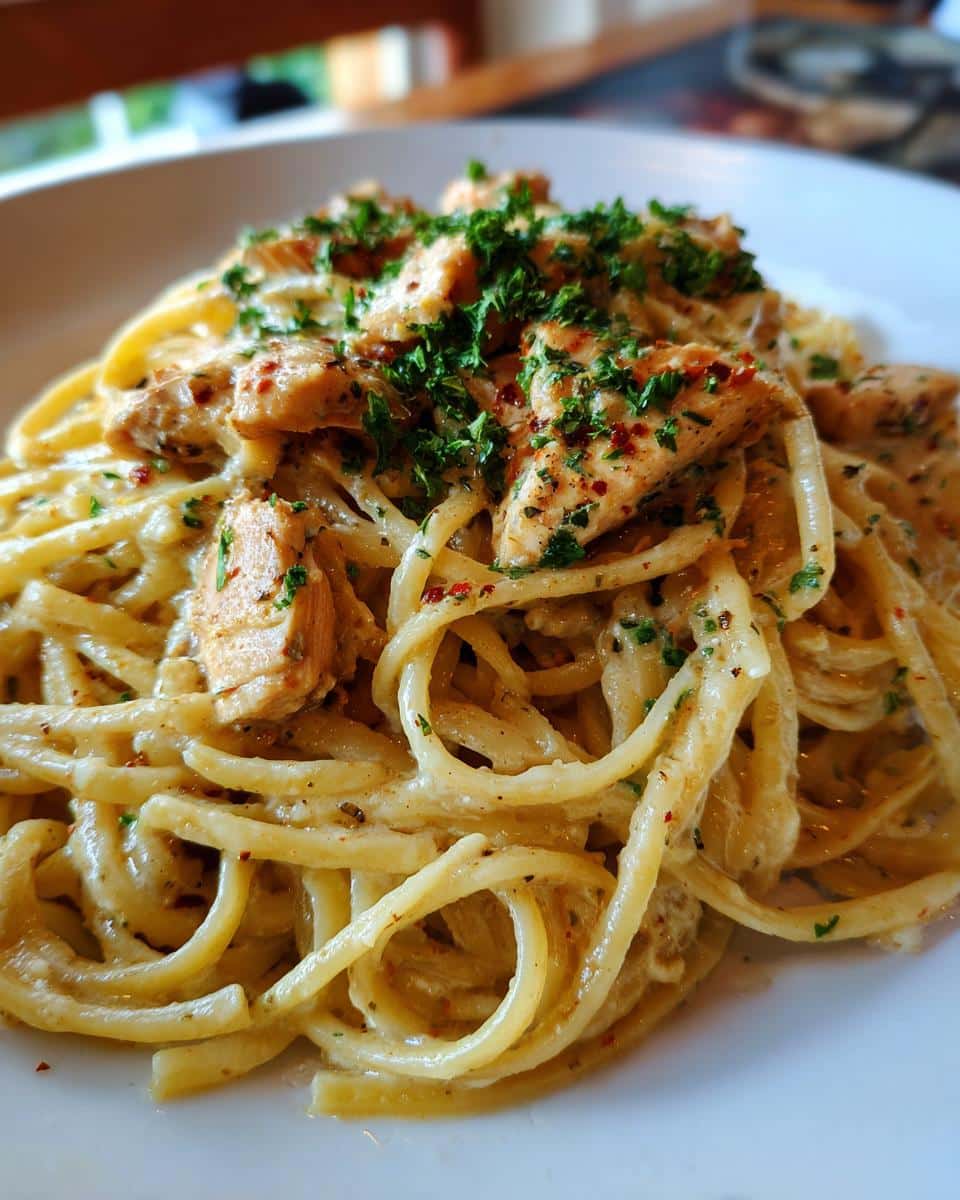 A delicious close-up of Creamy Garlic Parmesan Chicken Pasta, featuring tender chicken pieces and perfectly coated pasta.