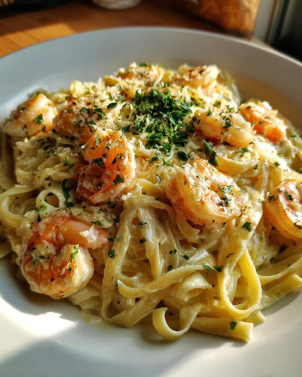 A close-up of a bowl of Creamy Shrimp Alfredo Pasta Ready in 30 Minutes, topped with fresh parsley and grated Parmesan cheese.