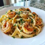 A close-up of Creamy Shrimp Alfredo Pasta, featuring fettuccine noodles coated in rich sauce and topped with perfectly cooked shrimp and parsley.