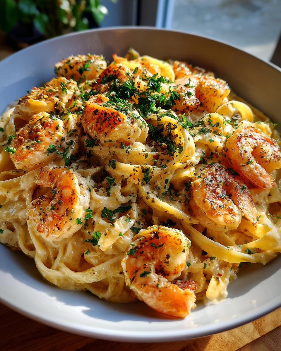 Close-up of a bowl of Creamy Shrimp Alfredo Pasta Ready in 30 Minutes, topped with fresh parsley.