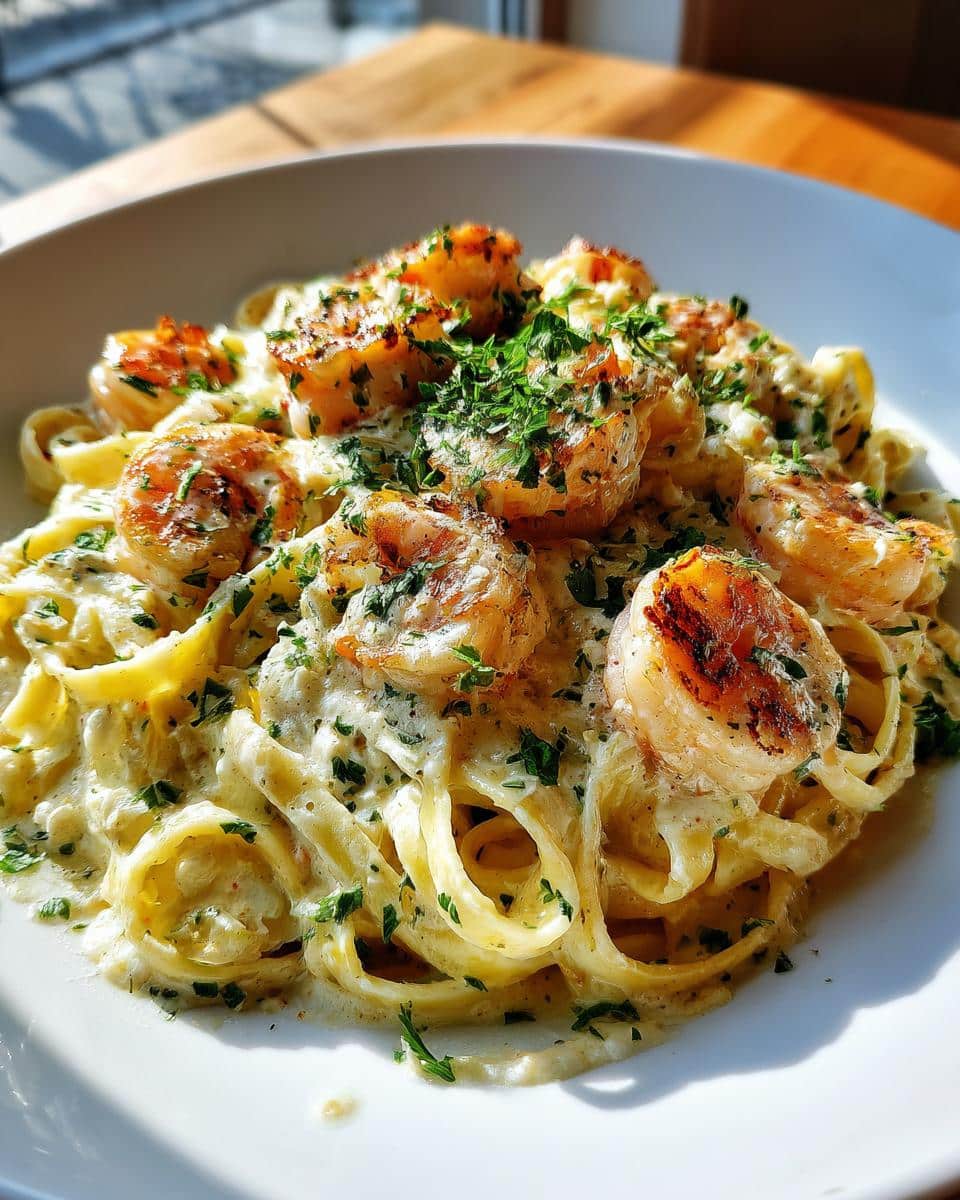 A close-up of Creamy Shrimp Alfredo Pasta Ready in 30 Minutes, featuring fettuccine noodles coated in rich alfredo sauce and topped with perfectly seared shrimp and fresh parsley.