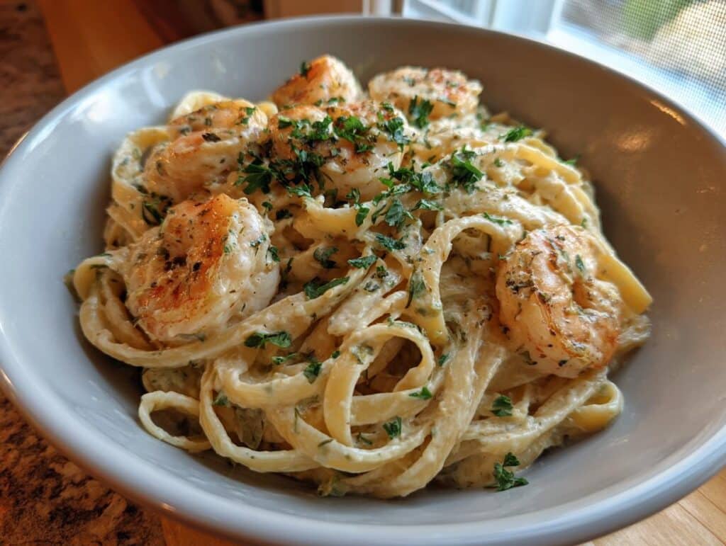 A bowl of creamy shrimp alfredo pasta, featuring fettuccine noodles, succulent shrimp, and a rich alfredo sauce, garnished with parsley.