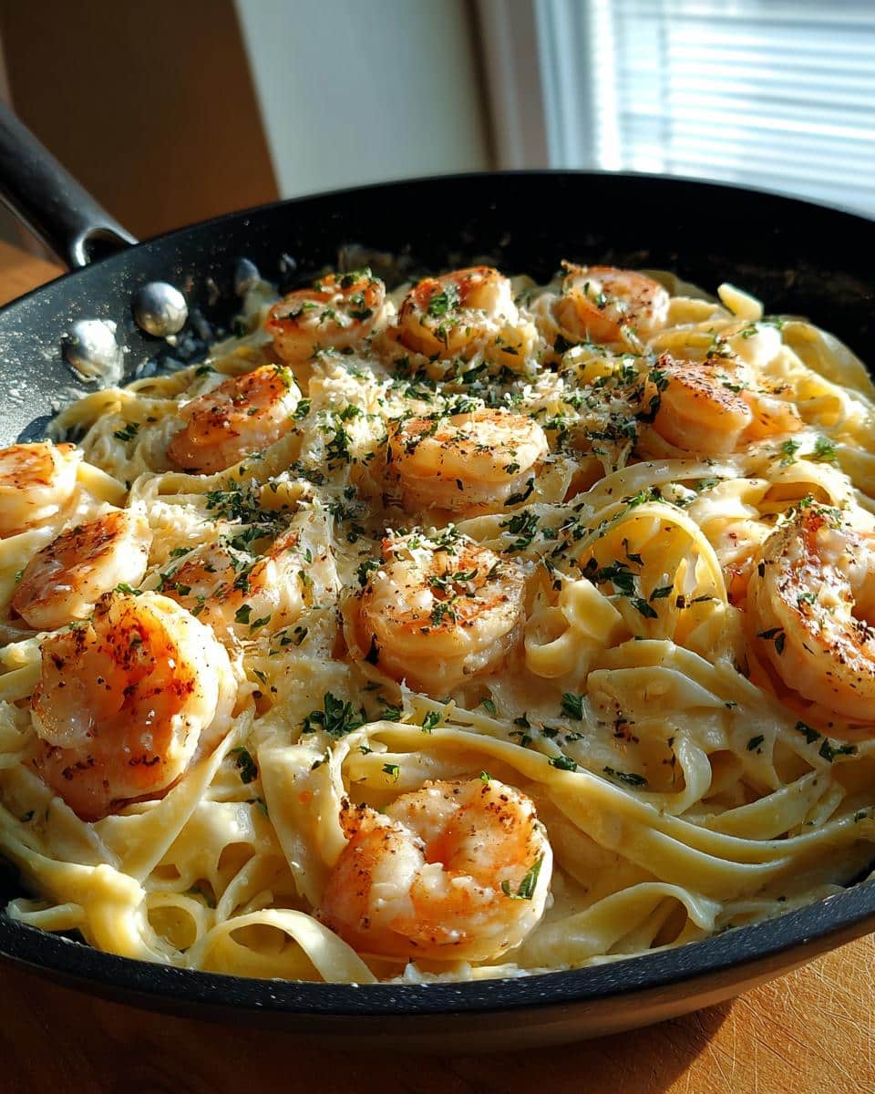 Close-up of Creamy Shrimp Alfredo Pasta Ready in 30 Minutes in a black skillet, garnished with parsley and Parmesan cheese.