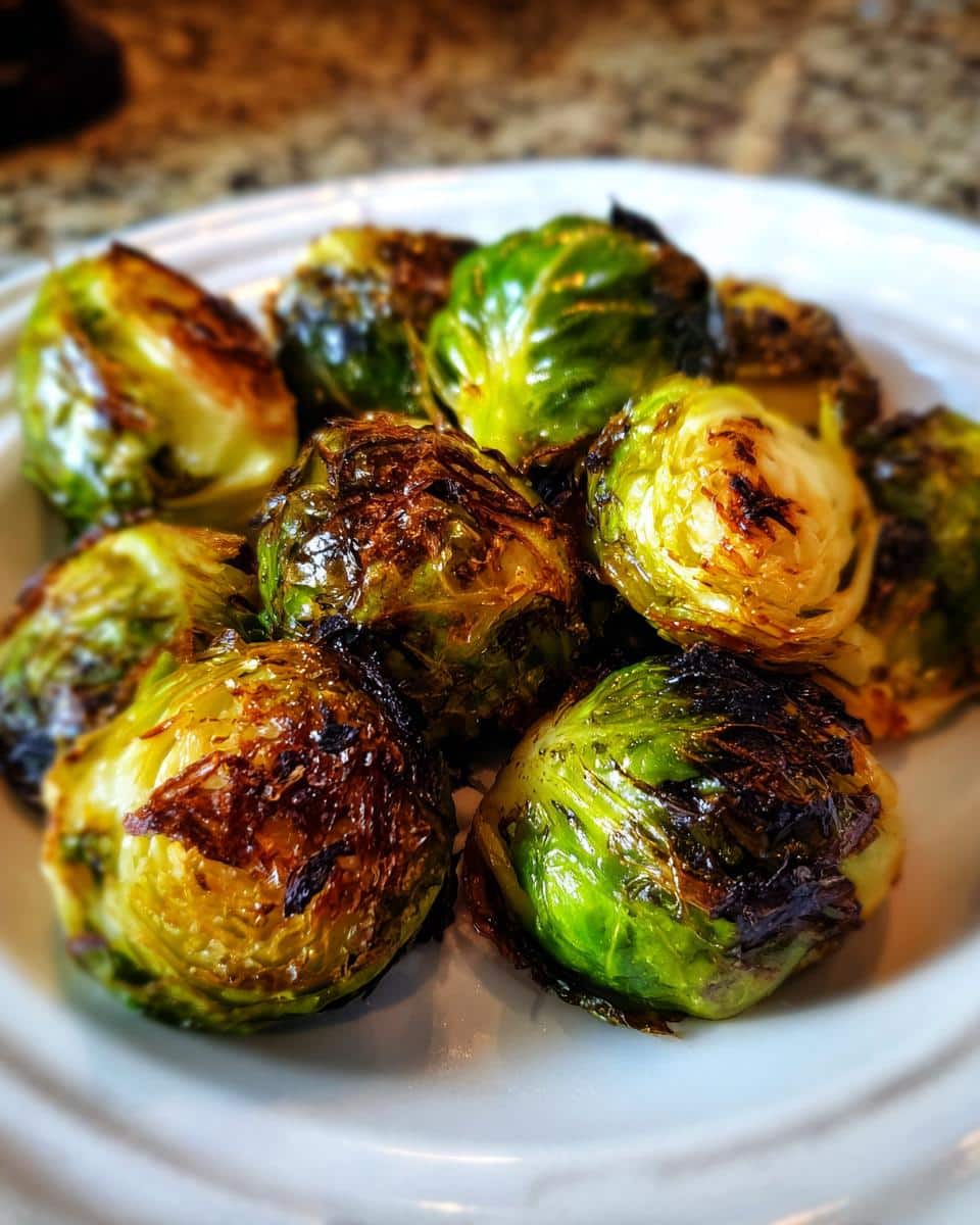 A close-up of perfectly crispy Air Fryer Brussels Sprouts piled on a white plate, showing their browned and slightly charred edges.