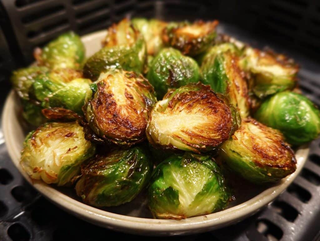 A close-up shot of perfectly crispy air fryer brussels sprouts, some halved to show their tender interior.