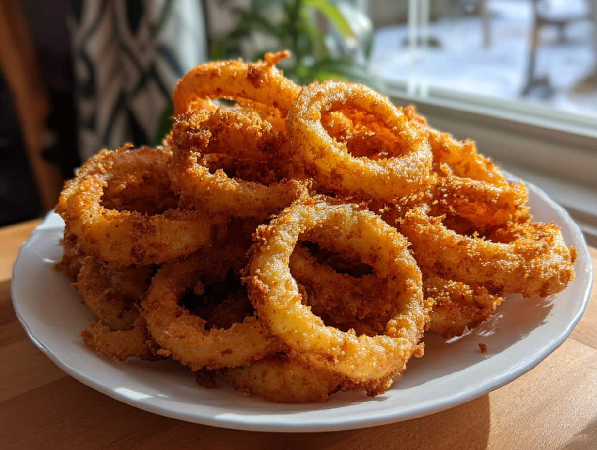 A pile of golden-brown, crispy beer-battered onion rings on a white plate.