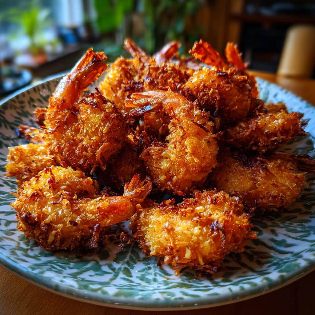 A close-up shot of a plate piled high with golden-brown, crispy coconut shrimp.