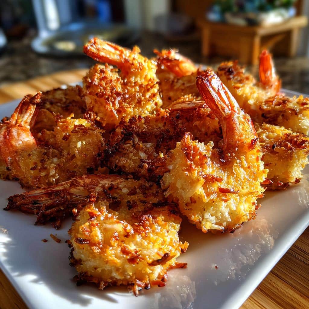 A close-up of a plate piled high with golden-brown, crispy coconut shrimp.