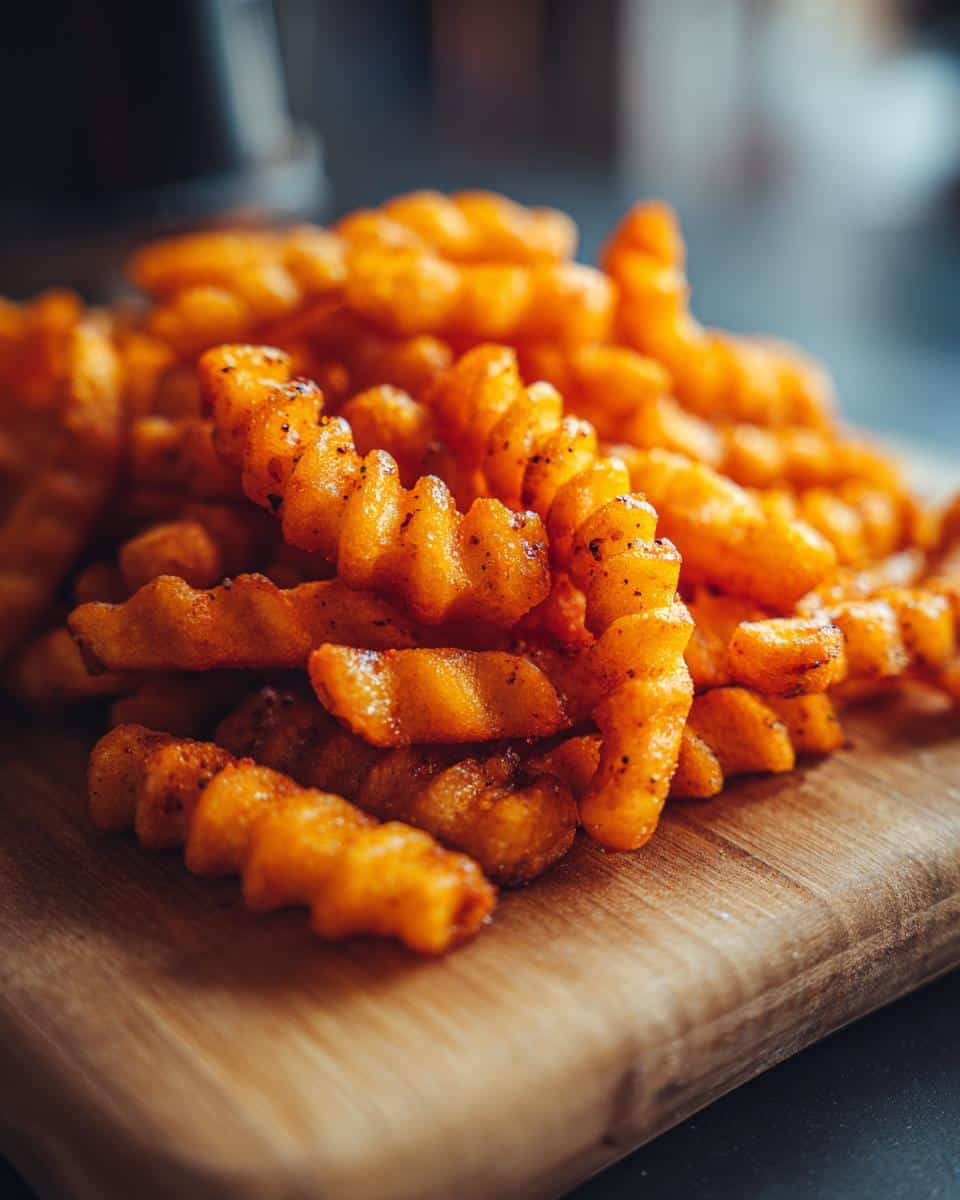 A close-up shot of a pile of crispy, seasoned curly air fryer fries on a wooden cutting board.