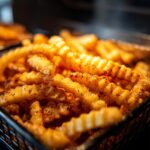 A close-up shot of perfectly seasoned Curly Air Fryer Fries in a basket, showcasing their golden-brown crispiness.