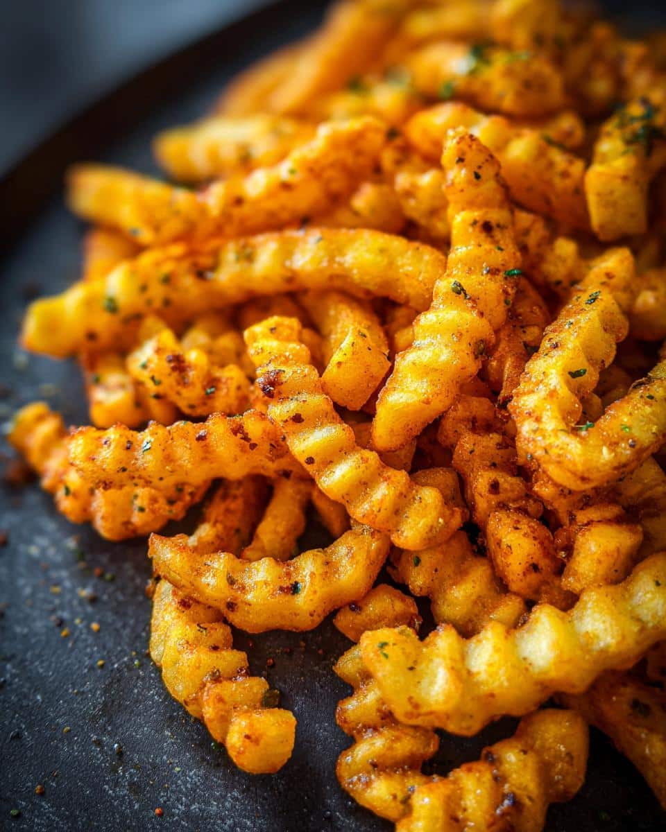 A close-up shot of a pile of seasoned curly air fryer fries, showcasing their crispy texture and golden-brown color.