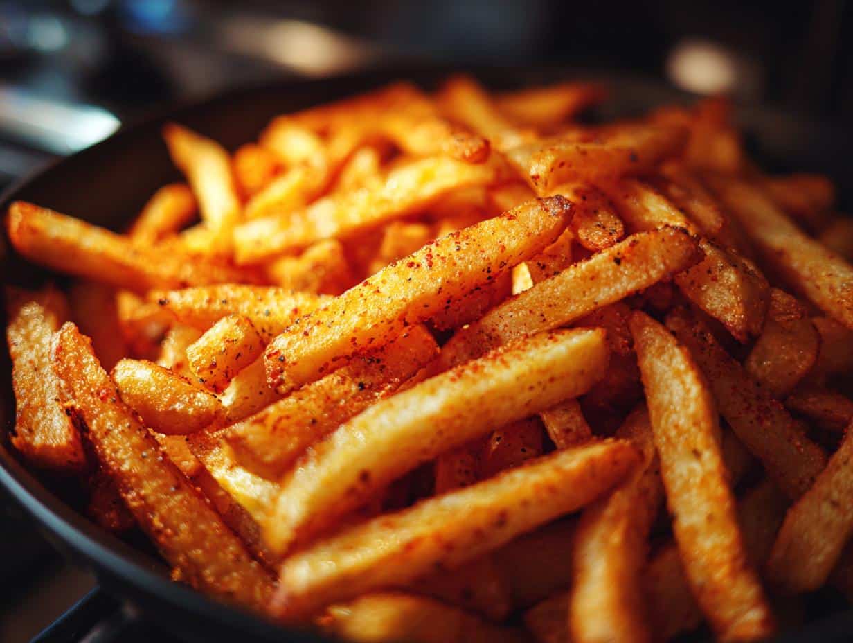 Close-up shot of a pile of perfectly seasoned Curly Air Fryer Fries, golden brown and crispy.