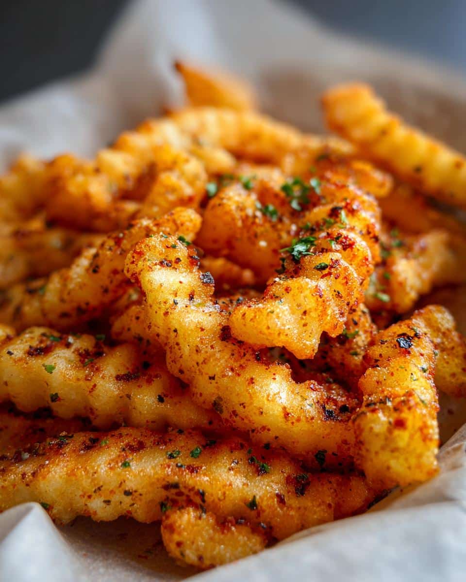 A close-up, mouth-watering shot of perfectly seasoned Curly Air Fryer Fries, sprinkled with herbs.