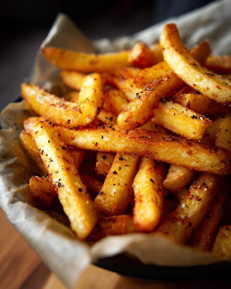 Close-up of a basket filled with golden brown, seasoned Curly Air Fryer Fries.