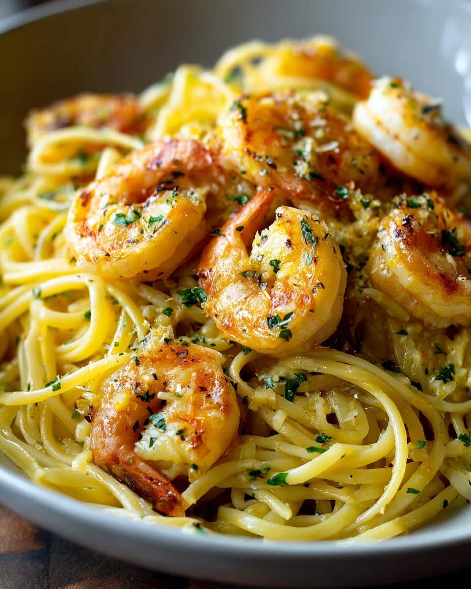 A close-up shot of a bowl of Easy Baked Shrimp Scampi Pasta, featuring golden-brown shrimp and linguine in a creamy sauce.