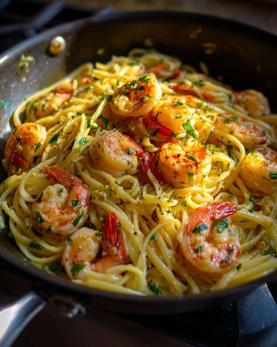 Close-up of Easy Baked Shrimp Scampi Pasta with linguine and fresh parsley in a black pan.