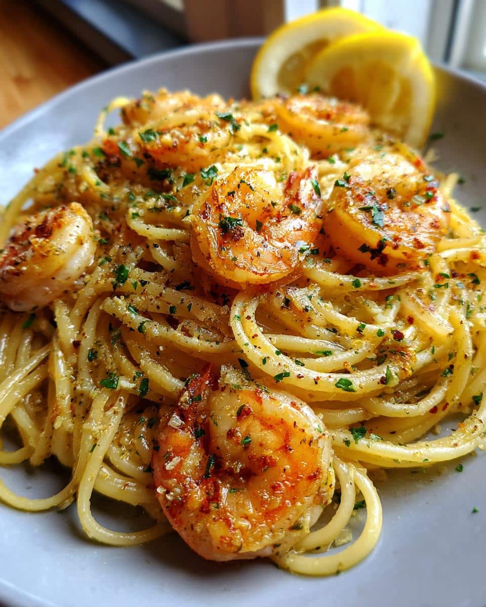 A close-up of Easy Baked Shrimp Scampi Pasta topped with fresh parsley and a lemon wedge.